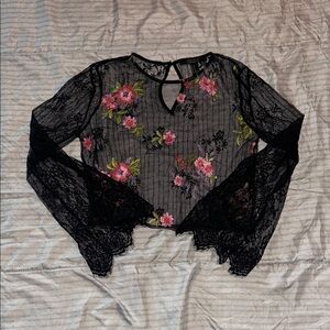 Forever 21 Black Sheer Lace Top with Pink Floral Embroidery